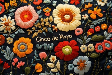 Cinco de Mayo text on traditional Mexican embroidery pattern