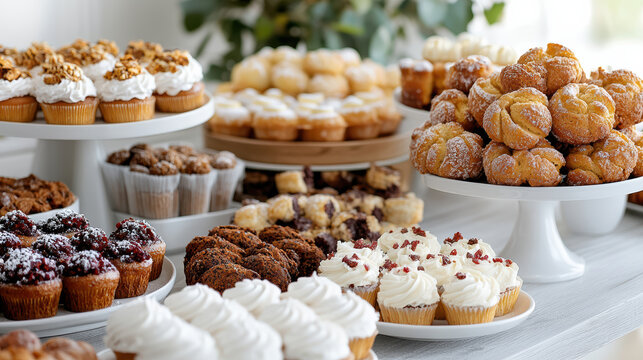 Lavish dessert table with array of colorful pastries and cupcakes