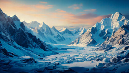 Snow-covered mountains and intricate ice patterns in an abstract winter scene with a soft color palette.