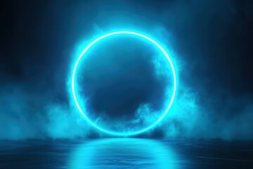 Fototapeta premium Glowing Neon Circle in Blue Smoke, Futuristic Abstract Background.