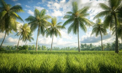 Fototapeta premium Forced perspective area with tall palm trees perfect for planting seedlings of lush rice
