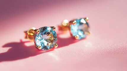 Aquamarine stud earrings with a vintage vibe on a pink background