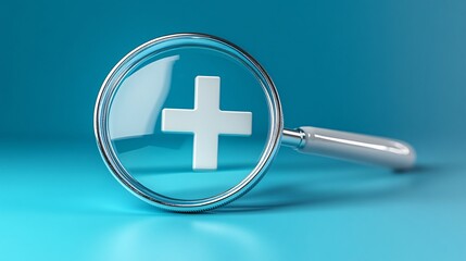 Obraz premium Magnifying glass zooming in on a white medical cross icon, set against a blue background, representing the focus on health, research, and business growth.