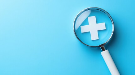 Fototapeta premium Magnifying glass zooming in on a white medical cross icon, set against a blue background, representing the focus on health, research, and business growth.