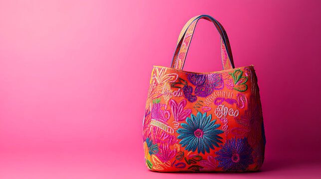 Artistic handbag with embroidered quotes on a pink background