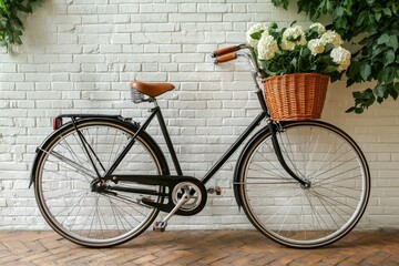 Fototapeta premium A classic bicycle leaning against a white brick wall, with a basket filled with flowers.