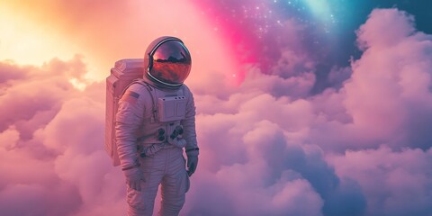 A dreamy astronaut in pastel-colored clouds symbolizing exploration and imagination. Perfect for science fiction, innovation, and inspirational themes.
