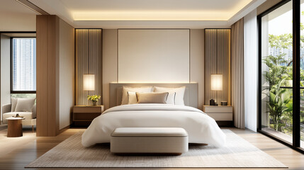 Modern bedroom with focus on functionality and style, featuring natural light