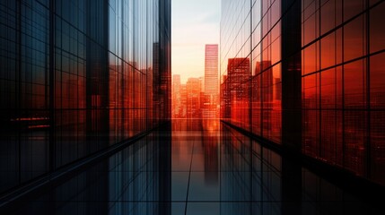 Modern glass skyscrapers against the sky at sunset. Bottom up view. Copy space