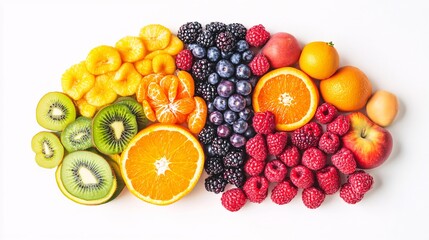 Brain made of fresh fruits like berries, apples, and oranges, symbolizing healthy living and nutritious eating, vibrant colors on a clean white background.