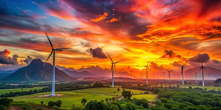 Majestic Wind Turbines Farm in Nagercoil, South India, Colorful Sky, Mountain Background