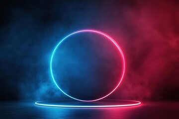 Obraz premium Futuristic Neon Circle Frame with Smoke and Glowing Platform.