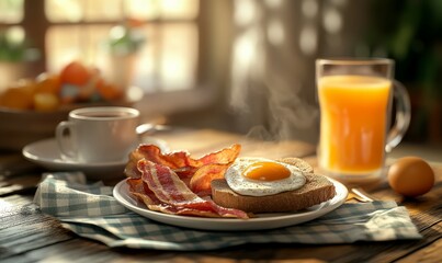 Forced perspective breakfast with toast, egg, bacon, coffee, orange juice