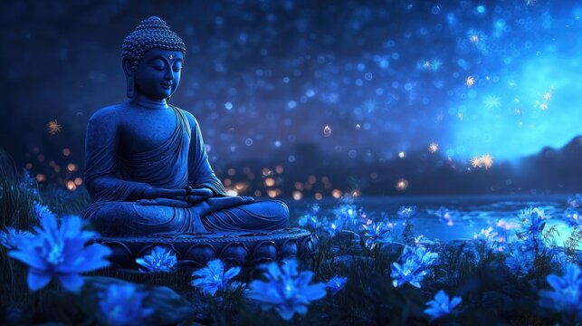 Silhouette of Buddha mediating with Full moon light at night. Buddhist holiday Concept.