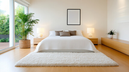 serene bedroom with soft lighting, plush rug, and cozy atmosphere