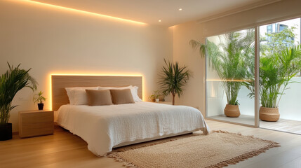 Cozy bedroom with soft lighting, plush rug, and indoor plants