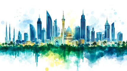 Naklejka premium Saudi national day poster illustration in watercolor style with modern buildings and fireworks