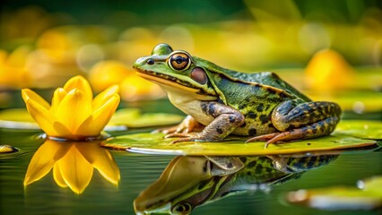 Obraz premium Marsh Frog Perched on Yellow Water Lily - High-Resolution Stock Photo