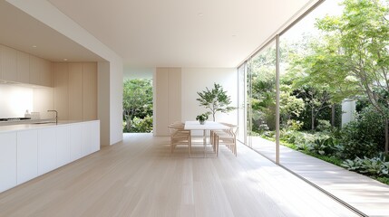 Obraz premium Modern minimalist kitchen-dining area with garden view, showcasing natural light and wooden floors; ideal for interior design websites