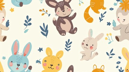 A seamless pattern with cute cartoon animals and foliage.