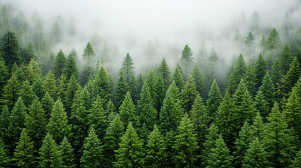 Fototapeta premium Lush green coniferous trees in foggy landscape create serene atmosphere