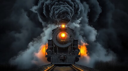 Steam locomotive with black smoke and orange light approaching during sunset