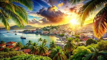 Fototapeta premium Martinique Fort-de-France Cityscape Double Exposure - Tropical Paradise