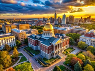 Massachusetts State House Boston Aerial Drone View 2024 - Capitol Building