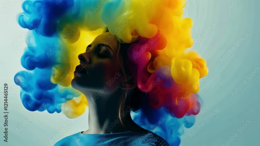 Poster a person with closed eyes stands still while colorful smoke billows around their head, creating a dr