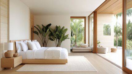 serene bedroom with calming color palette and soft textures