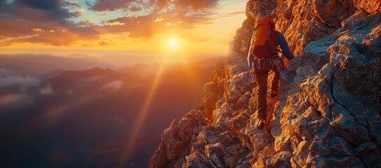 Climber at Sunset on a Mountain Ridge