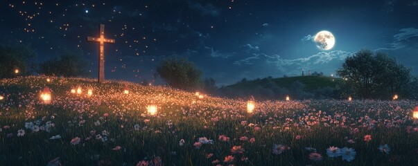 Naklejka premium Enchanting Easter night scene with glowing lanterns, a moonlit cross on a hill, and fireflies dancing among blooming wildflowers