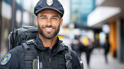 Fototapeta premium Smiling police officer in uniform, promoting community safety and trust