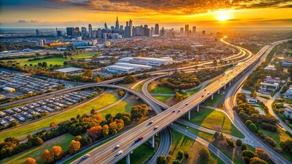 Obraz premium Melbourne M2 Freeway Aerial View - Elevated Highway Perspective, Australian Infrastructure