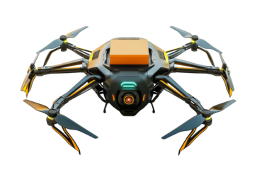 futuristic drone carrying small box isolated on transparent white background