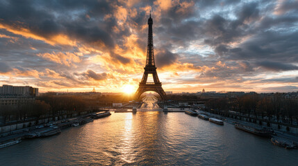 Fototapeta premium Stunning sunset over Eiffel Tower, reflecting on Seine River
