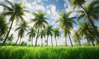 Forced perspective area with tall palm trees perfect for planting seedlings of lush rice