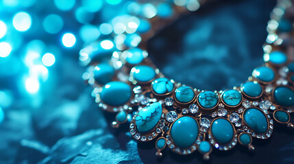 Bold statement necklace with chunky turquoise stones on blue lights background