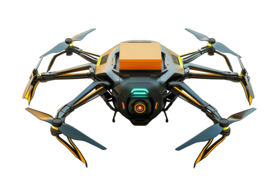 futuristic drone carrying small box isolated on transparent white background