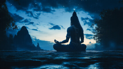 Silhouette of Lord Shiva in meditation against at night