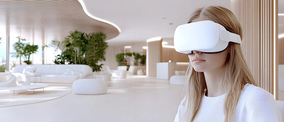 Exploring virtual reality technology modern lounge digital experience bright interior close-up view immersive learning