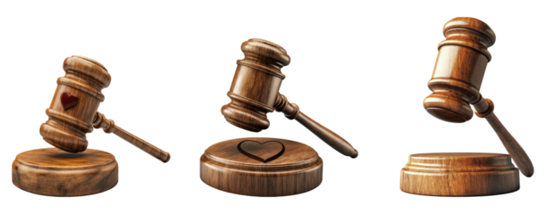 Wooden gavel set isolated on a transparent background for legal themes