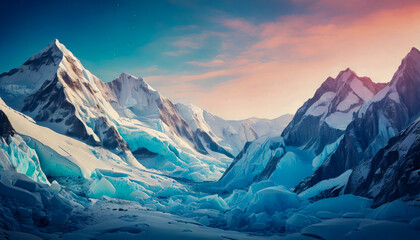 Abstract snow-covered mountains and delicate ice patterns, set against a soft winter color palette.