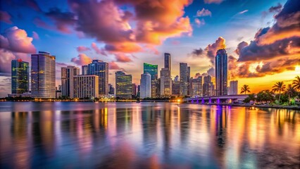 Fototapeta premium Miami Night Skyline: Downtown Dusk View, Florida Cityscape