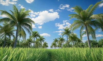 Forced perspective area with tall palm trees perfect for planting seedlings of lush rice