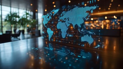 Glowing Global Map of Successful Business Transactions and Sales Connections in High Tech Office