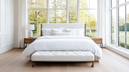 Luxurious white bedding in bright, elegant bedroom with large windows