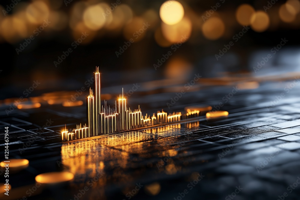 Poster abstract digital data visualization with glowing bars and bokeh effect in dark background