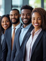 Team of black professionals stands confidently together, dressed in formal business attire. Their unity and expressions reflect strength and professionalism within corporate environment.