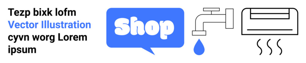 Contains a Shop speech bubble icon, a text snippet, a faucet with a water drop, and a heating vent symbol. Ideal for e-commerce, plumbing services, HVAC, retail, and web design. Banner for landing